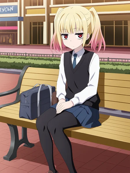 <lora:And_the_Hero_was_never_seen_again_Style_Illustrious:1> heroneverseenagain,
 <lora:YuriaNigured_LW:0.6> masterpiece, best quality, amazing quality, detailed, anime coloring, YuriaNigured_LW, anime screenshot, blonde hair, multicolored hair, gradient hair, twintails, red eyes, pink hair, bangs, 1girl, solo, necktie, school uniform, pleated skirt, white shirt, black sweater vest, blue skirt, pantyhose, flat chest, brown loafers, bag, school bag, mall, outdoor shopping, sitting, bench, hands in lap, bored, looking at viewer, sidewalk,