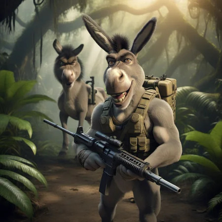 a muscular donkey with a machinegun in the jungle, predator in the background, predator movie still <lora:Donkey1024:0.8>