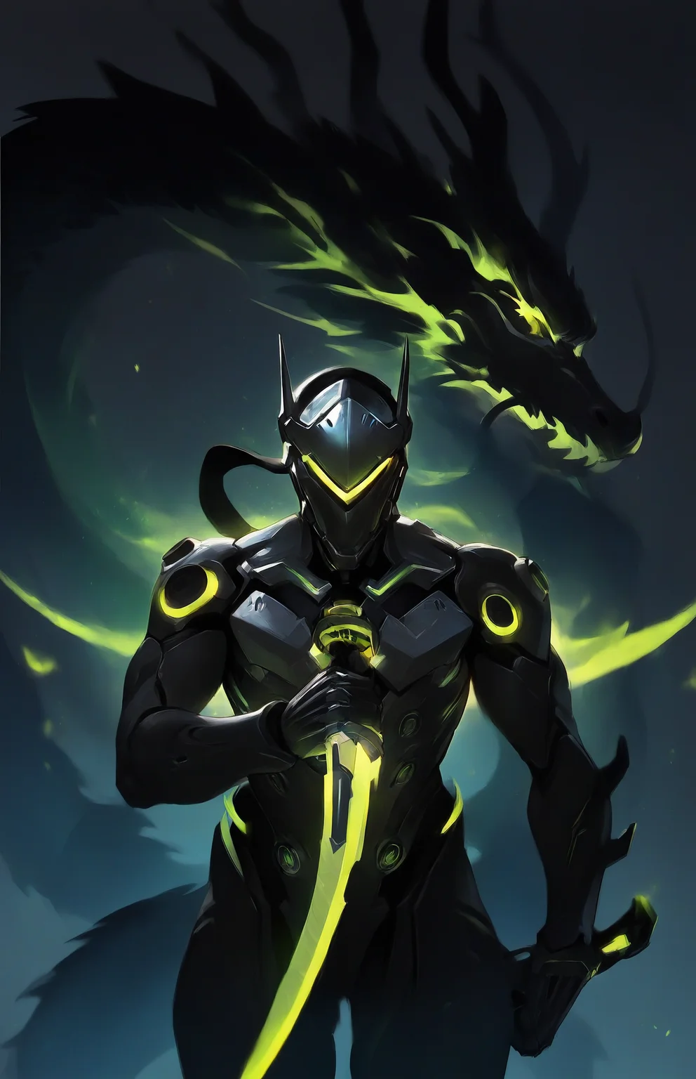 1boy, genji \(overwatch\), overwatch, general, silhouette, dark night, facing viewer, green trim, glowing, wakizashi, holding weapon, eastern dragon, masterpiece, best quality, very awa, newest, <lora:Eyes_Lora_Pony_Perfect_eyes:0.60>, <lora:ponyv5_noobV065S_1_adamW-000013:1.00>