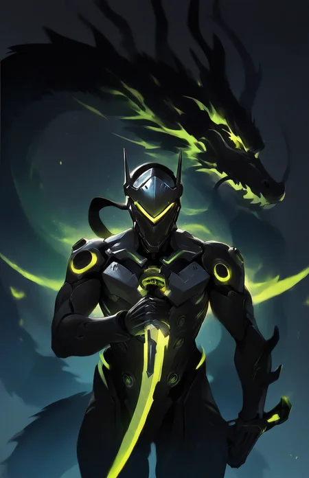1boy, genji \(overwatch\), overwatch, general, silhouette, dark night, facing viewer, green trim, glowing, wakizashi, holding weapon, eastern dragon, masterpiece, best quality, very awa, newest, <lora:Eyes_Lora_Pony_Perfect_eyes:0.60>, <lora:ponyv5_noobV065S_1_adamW-000013:1.00>