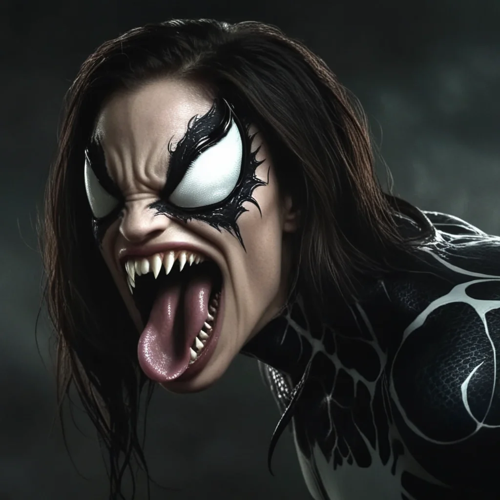 Dark Fantasy Art of <lora:comic book magazine:1> Cinematic Film Stock Footage of
a female venom character with a very big tongue coming out of her big mouth comic book magazine style, dark, moody, dark fantasy style
