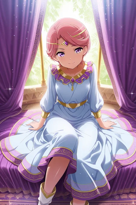 masterpiece, best quality, amazing quality,
<lora:Futaba_IL:1> futaba, 1girl, solo, short hair, pink hair, looking at viewer, smile, sitting, purple eyes, dress, closed mouth, curtains, sparkle, white footwear, light particles, shiny hair, arabian, circlet
