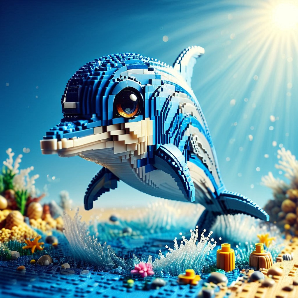 a cute chibi dolphin made out of lego, in the lego sea