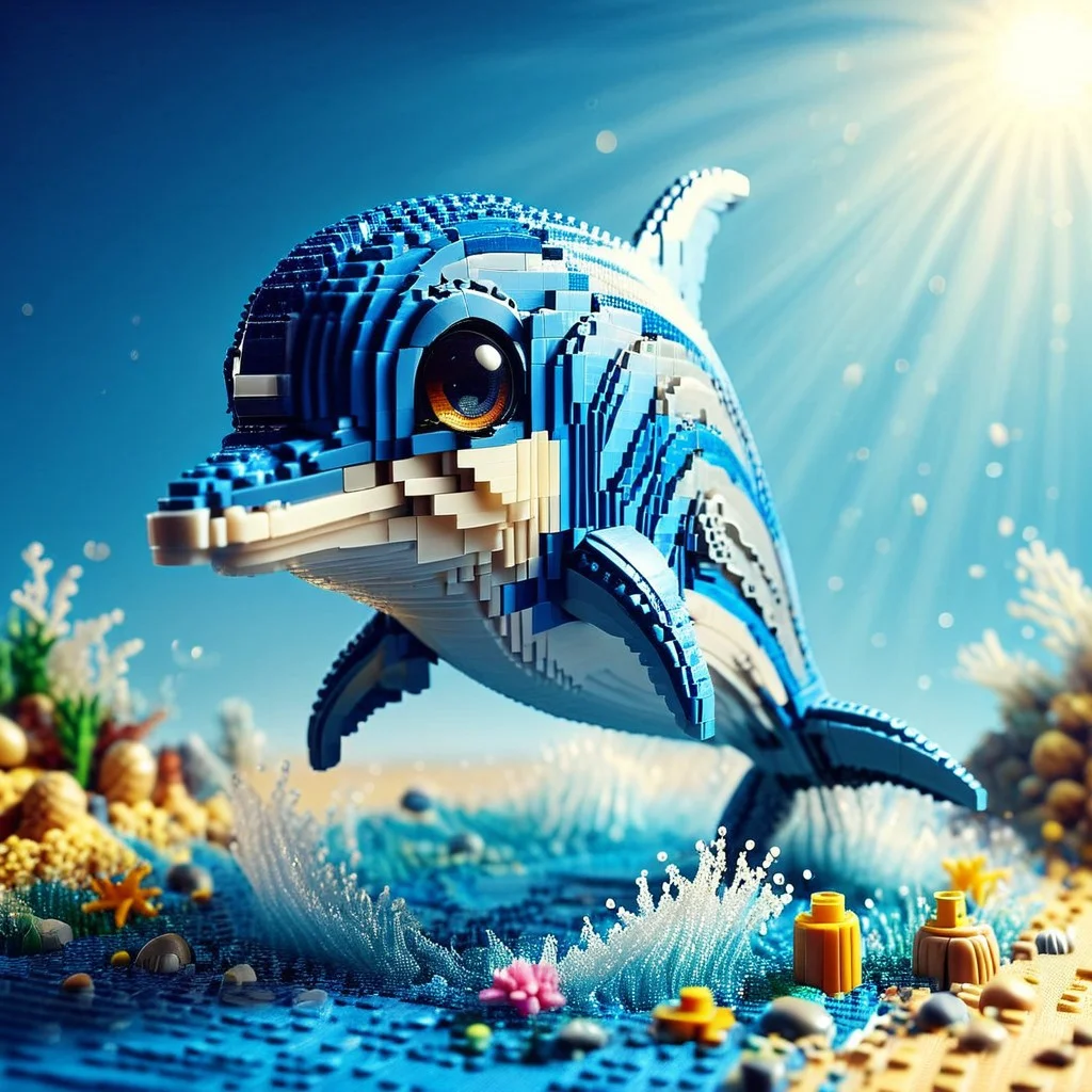 a cute chibi dolphin made out of lego, in the lego sea