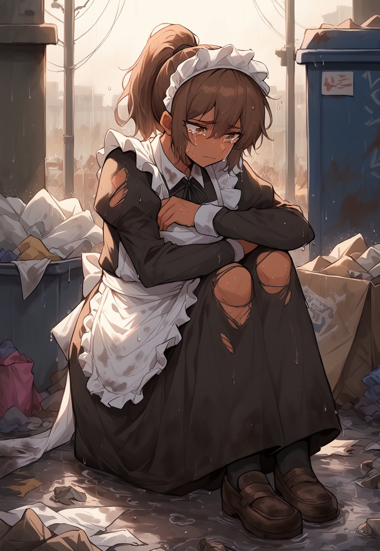 score_8, score_7_up, source_anime, 1girl, NellyLimbus, brown hair, brown eyes, ponytail, dark skin, maid, maid headdress, maid apron, long skirt, long sleeves, sitting on floor, hugging knees, torn clothing, dirty clothing, garbage dump, trash, heavy-rain, wet, cloudy, dark, tears, dull colors,