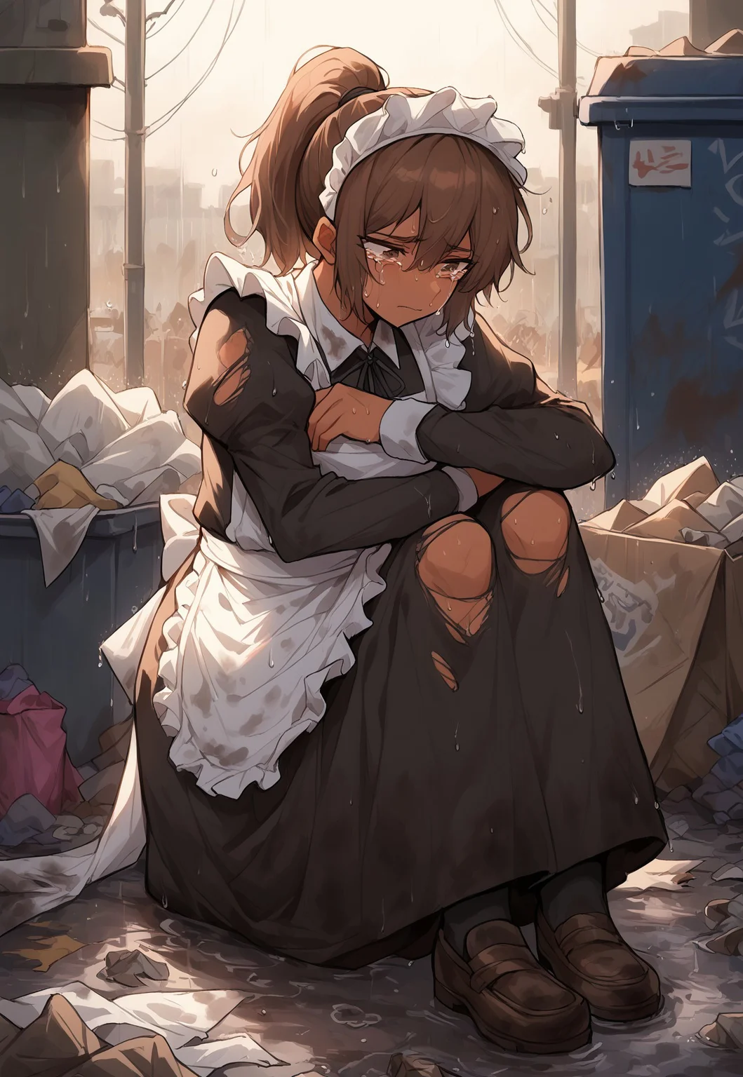 score_8, score_7_up, source_anime, 1girl, NellyLimbus, brown hair, brown eyes, ponytail, dark skin, maid, maid headdress, maid apron, long skirt, long sleeves, sitting on floor, hugging knees, torn clothing, dirty clothing, garbage dump, trash, heavy-rain, wet, cloudy, dark, tears, dull colors,
