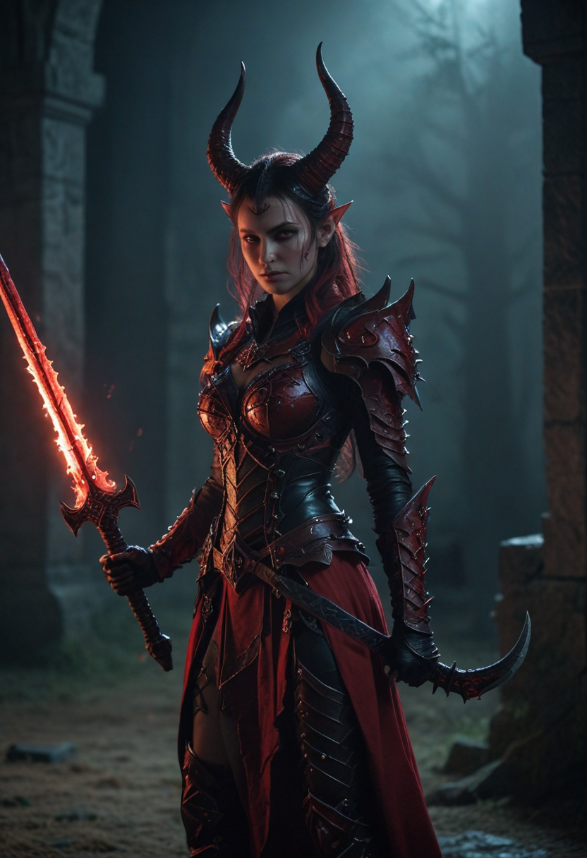 a beautiful demon girl with horns and demonic tail standing on the training ground in the demon lords castle holding a demonic sword wearing intricated leathr full armor, soft lighting, moonlit, (((red)))  <lora:pytorch_lora_weights(1):0.9>  <lora:add-detail-xl:1> sharp focus, 8k, gloomy aura, scary feeling