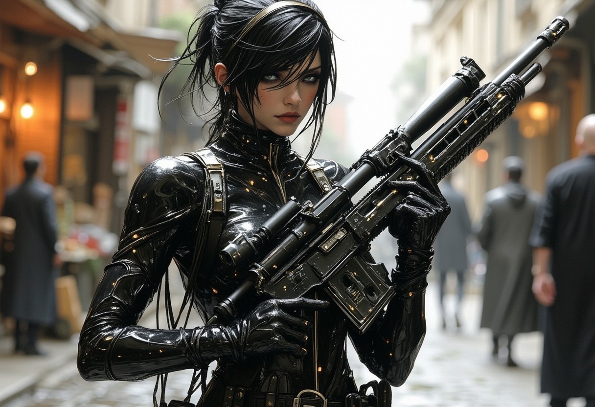 fg A heavily armed cyberpunk girl in the style of Jakub Rozalski. She is an assassin. The girl should have futuristic cybernetic augmentations, wearing sleek, high-tech attire. The setting is a cyberpunk street market. The scene should have a tense, suspenseful aura with a mix of modern technology and traditional elements, reflecting a unique blend of futuristic and historical styles.