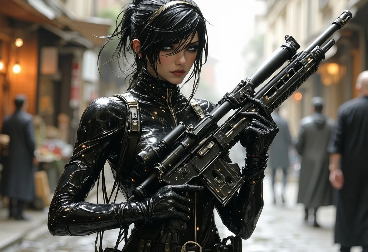 fg A heavily armed cyberpunk girl in the style of Jakub Rozalski. She is an assassin. The girl should have futuristic cybernetic augmentations, wearing sleek, high-tech attire. The setting is a cyberpunk street market. The scene should have a tense, suspenseful aura with a mix of modern technology and traditional elements, reflecting a unique blend of futuristic and historical styles.