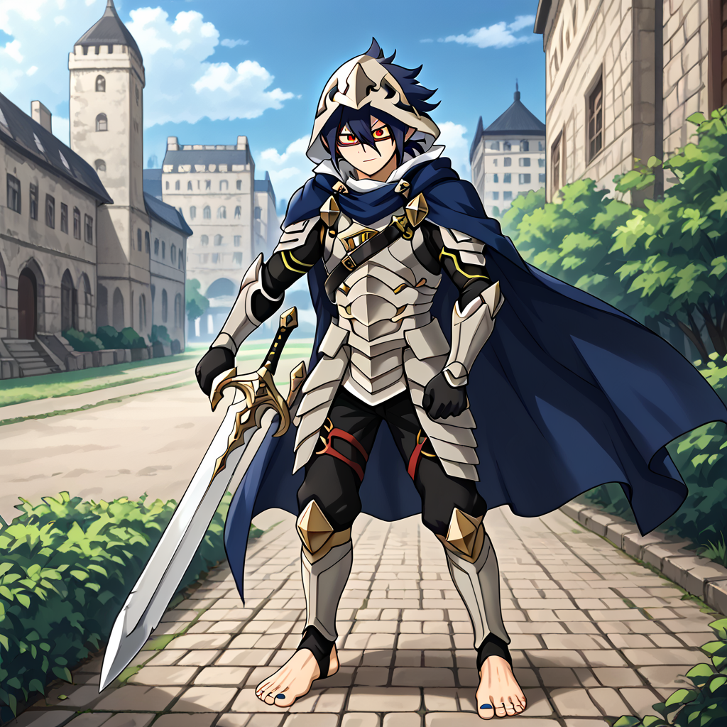 masterpiece, best quality, sharp aliasing, highly detailed, Quality, High Definition, <lora:EPfeCorrinPony:1>EPfeCorrin, blue cape, armour, black gloves, black pants, wearing pants, outdoors, day, stone ground, tree, bush, buildings, barefoot, toeless legwear, armoured legwear, stirrup legwear, 5 toes <lora:Amajiki_Tamaki__Pony:1>Tamaki Amajiki, pointy ears, red eyes, dark blue hair, hair between eyes, hood, mask, male, male body, sword, sword stance <lora:feet_anime_pony_v2:1>feet, dark blue toenails