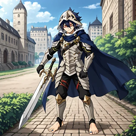 masterpiece, best quality, sharp aliasing, highly detailed, Quality, High Definition, <lora:EPfeCorrinPony:1>EPfeCorrin, blue cape, armour, black gloves, black pants, wearing pants, outdoors, day, stone ground, tree, bush, buildings, barefoot, toeless legwear, armoured legwear, stirrup legwear, 5 toes <lora:Amajiki_Tamaki__Pony:1>Tamaki Amajiki, pointy ears, red eyes, dark blue hair, hair between eyes, hood, mask, male, male body, sword, sword stance <lora:feet_anime_pony_v2:1>feet, dark blue toenails
