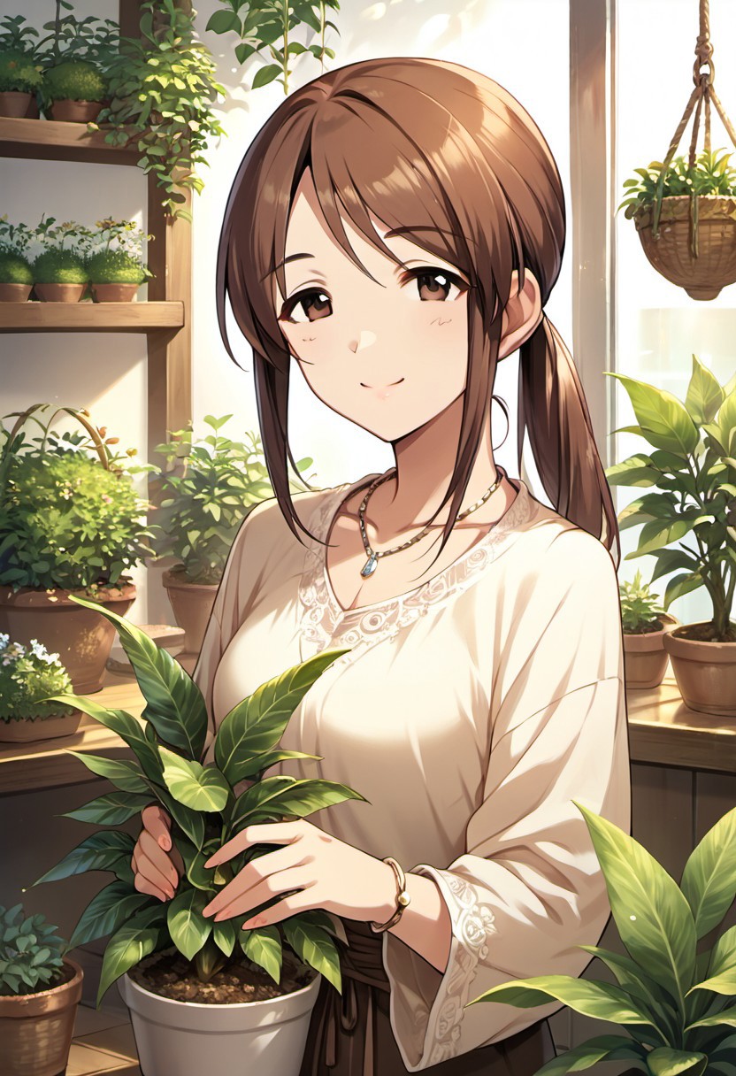 score_9, score_8_up, score_7_up, source_anime, mifune miyu, brown hair, brown eyes, long hair, 1girl, solo, jewelry, necklace, plant, bracelet, ponytail, smile, potted plant