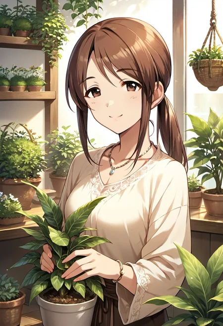 score_9, score_8_up, score_7_up, source_anime, mifune miyu, brown hair, brown eyes, long hair, 1girl, solo, jewelry, necklace, plant, bracelet, ponytail, smile, potted plant