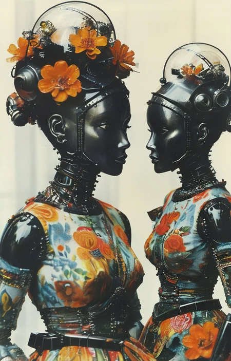 masterpiece,best quality,<lora:tbh316-sdxl:0.9>,illustration,style of Bill Blass portrait of Housework robots