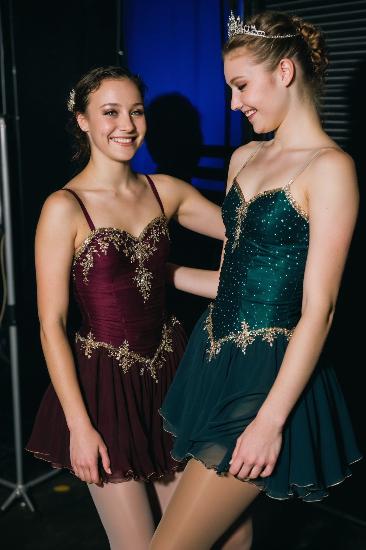 DSLR,23 years old, two women,figure skating dress,half body,full body,1girl,smiling,romantic,nighttime,backstage,candid,highly detailed,Rembrandt lighting,ruching,chiffon,princess dress,fairy,faerie,fantasy dress,bodice,shiny pantyhose,makeup
<lora:figureskatingdress_v13:0.4>