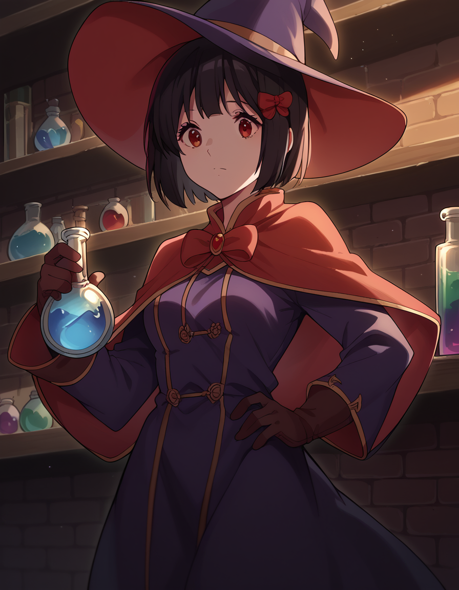 score_9, score_8_up, score_7_up, source_anime, <lora:kanade-hisaishi-movie-ponyxl-lora-nochekaiser:1>, kanade hisaishi, short hair, bangs, black hair, red eyes, bow, hair bow, red bow, medium breasts,, <lora:wizard-ponyxl-lora-nochekaiser:1>, wizard, wizard hat, robe, dress, long sleeves, gloves,, indoors, bricks, potion, flask, vial,, cowboy shot,, , dutch angle, cowboy shot