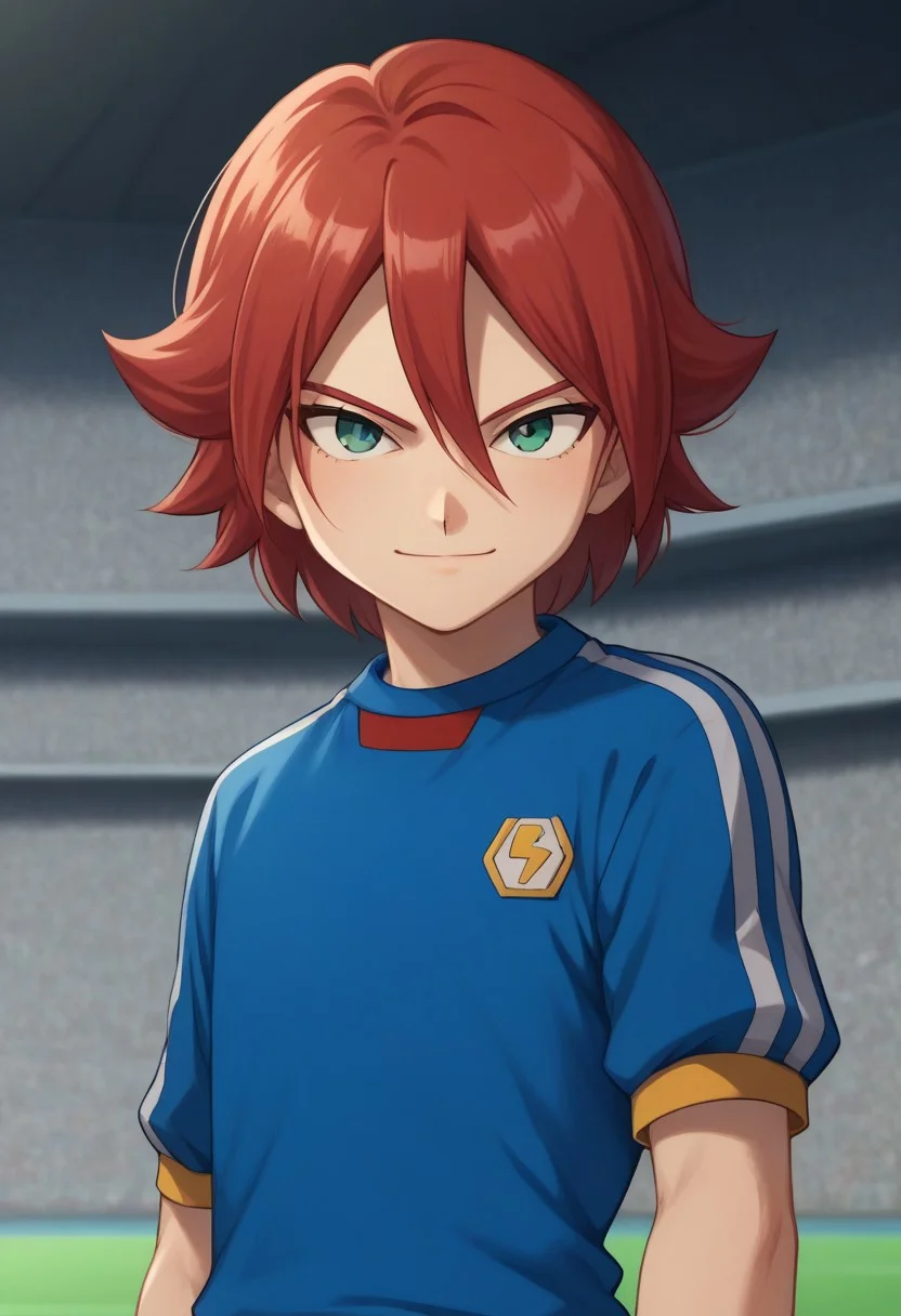 score_9, score_8_up, score_7_up, source_anime, highly detailed, 
hiroto, 1boy, male focus, solo, red hair, hair between eyes, green eyes, sportwear, soccer uniform, inazuma japan soccer uniform, shirt, light blue shirt, short sleeves, shorts, grey shorts, upper body, smile, slender, skinny
outdoor,
