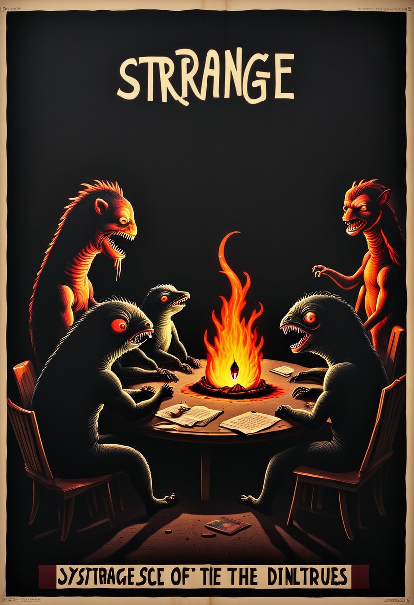 an anarchist poster depicting a group of strange little creatures sits in a dark room together discussing politics. Its written "strange!" across the poster