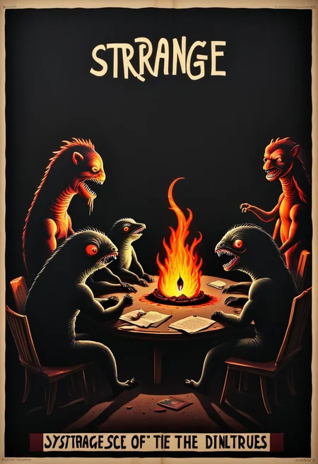 an anarchist poster depicting a group of strange little creatures sits in a dark room together discussing politics. Its written "strange!" across the poster