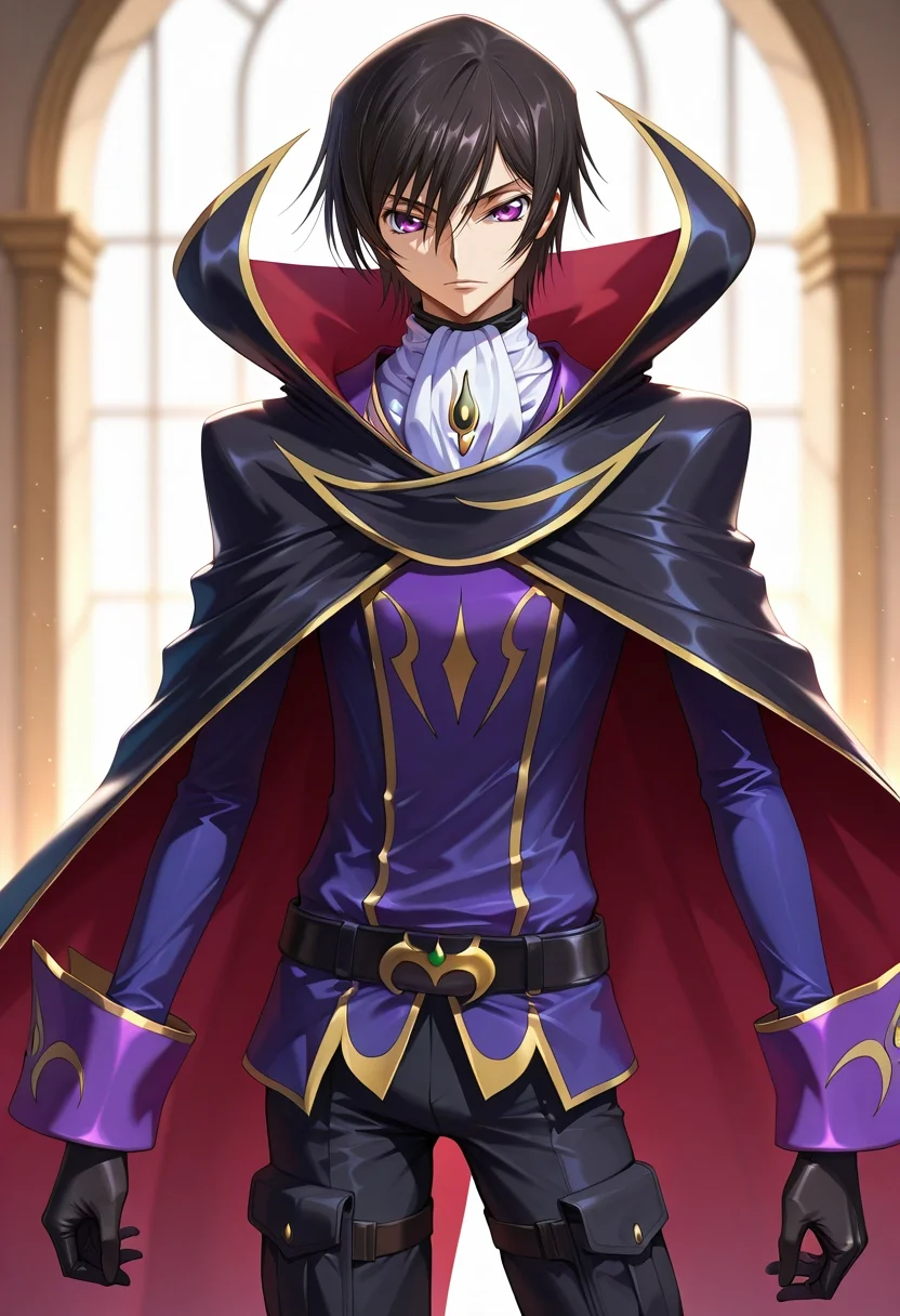 masterpiece, best quality, , (realistic:0.6), looking at viewer, 1boy, solo, male focus, <lora:lelouch_lamperouge_ilxl:0.9>, lelouch_lamperouge, black hair, purple eyes, hair between eyes, bangs, short hair, , cape, ascot, gloves, , cargo pants,