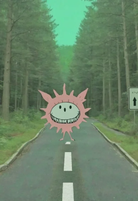 photograph of  very empty streets, featuring a cartoon exaggerated, weird creature, against the backdrop of a forest, oldfashion player interface weirdcore aesthetic <lora:y2kmadmix_v0.0.1:0.9>