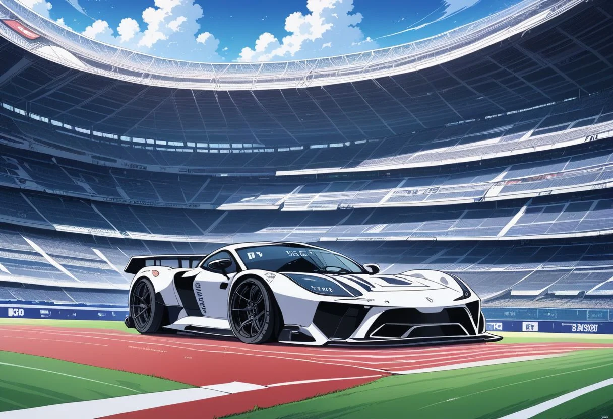 score_9, score_8_up, score_7_up, source_anime, rating_safe, stadium, racetrack, sports car, vehicle focus, detailed background, 2d, scr33nc@p