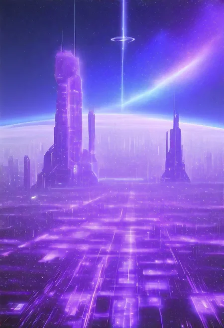 High quiality, high resolution, high definition,
Magical city with skyscrapers, a planet with purple colors and lines that emit white light surrounded by a planet ring, with the view from behind a cat looking towards the city, citybkg, anime style, high ilumination, galaxy sky, calid colours, spacial station
