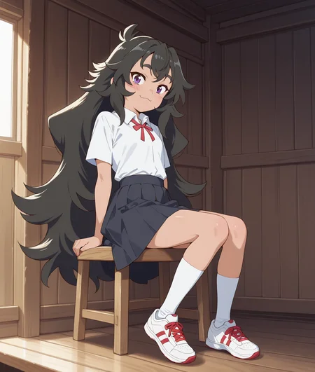 (masterpiece:1.4), (best quality:1.4),  very aesthetic,illustration, newest,best quality, amazing quality, very aesthetic, absurdres,
1girl,kouki_kokoro,purple eyes, black hair,  long hair, very long hair,messy hair,
 <lora:kouki_kokoro:1>
school uniform,black skirt,white shirt, short sleeve, collared shirt, pleated skirt,neck ribbon,red ribbon, s,white knee high socks,white sneakers,red shoelace,
sitting on wooden chair,wooden cabin,indoor,pinup
smile,:3,looking at viewer