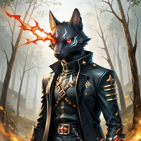 score_9, score_8_up, score_7_up, score_6_up, score_5_up, score_4_up, rating_safe,source_anime,asmaria,solo,a black furred barghest with glowing red eyes covered in belts prowling the woods,no humans,<lora:AsmariaPony:0.9>