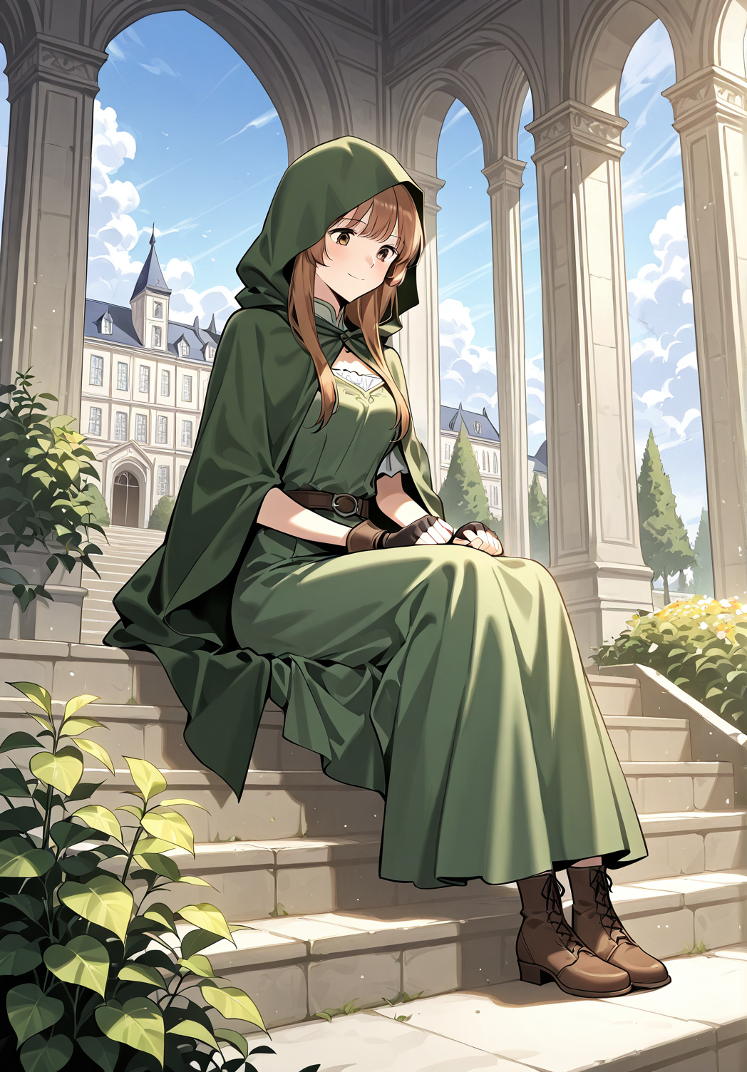 <lora:Demera illumi:1>
1 girl, solo, long hair, brown hair, bangs, brown eyes
green dress, bracelete, hood, hood up, cloak, hooded cloak, fingerless gloves
score_9, score_8_up, score_7_up, very aesthetic, source_anime, detailed, high quality, beautiful, masterpiece, detailed eyes, mansion, plants, flowers, clouds, light smile, dynamic angle, full body, sitting on stairs