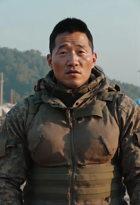 (((The man's face is htkangface and moaning))), (((solo))), daddy, natural face expression, Photorealistic, realistic, masterpiece, intricate details, detailed background, depth of field, photo of a handsome, dynamic pose, natural face expression, high detail, high quality, Movie Still, Film Still, Cinematic, Cinematic Shot, Cinematic Lighting, ring, (((pectoral))), (((virility))), 4k, highly detailed . 35mm photograph, film, masterpiece, 4k,professional, 4k, highly detailed, ((big remarkable nipples)), (((covered nipples))), ((huge nipples)),(((sweaty))), (((the man is standing in the basecamp))), (((the man is wearing granite B camouflage pettterned military tight jacket and granite B camoflage petterened military uniform and wearing military shirt inside)), sweaty