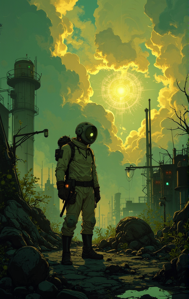 A surreal, dystopian landscape inspired by the works of the Strugatsky brothers. A lone figure, dressed in a worn-out protective suit, stands in the center of a mysterious Zone filled with strange, otherworldly artifacts. The environment is a mix of decaying industrial structures and alien vegetation, glowing faintly with an eerie, bioluminescent light. The sky is overcast, with heavy clouds illuminated by an unseen source, casting a somber, golden-green hue over the scene. In the distance, a shimmering anomaly pulses with unpredictable energy, distorting the air around it. The figure holds a makeshift detector, its flickering screen indicating the presence of danger. The atmosphere is tense, filled with a sense of wonder and foreboding. The style is a blend of realism and surrealism, with muted colors and sharp contrasts, capturing the haunting beauty and existential themes of the Strugatskys' universe.
