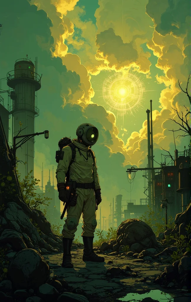 A surreal, dystopian landscape inspired by the works of the Strugatsky brothers. A lone figure, dressed in a worn-out protective suit, stands in the center of a mysterious Zone filled with strange, otherworldly artifacts. The environment is a mix of decaying industrial structures and alien vegetation, glowing faintly with an eerie, bioluminescent light. The sky is overcast, with heavy clouds illuminated by an unseen source, casting a somber, golden-green hue over the scene. In the distance, a shimmering anomaly pulses with unpredictable energy, distorting the air around it. The figure holds a makeshift detector, its flickering screen indicating the presence of danger. The atmosphere is tense, filled with a sense of wonder and foreboding. The style is a blend of realism and surrealism, with muted colors and sharp contrasts, capturing the haunting beauty and existential themes of the Strugatskys' universe.