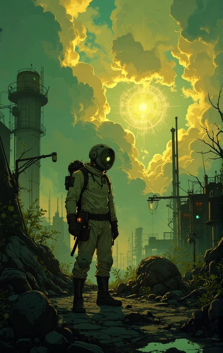 A surreal, dystopian landscape inspired by the works of the Strugatsky brothers. A lone figure, dressed in a worn-out protective suit, stands in the center of a mysterious Zone filled with strange, otherworldly artifacts. The environment is a mix of decaying industrial structures and alien vegetation, glowing faintly with an eerie, bioluminescent light. The sky is overcast, with heavy clouds illuminated by an unseen source, casting a somber, golden-green hue over the scene. In the distance, a shimmering anomaly pulses with unpredictable energy, distorting the air around it. The figure holds a makeshift detector, its flickering screen indicating the presence of danger. The atmosphere is tense, filled with a sense of wonder and foreboding. The style is a blend of realism and surrealism, with muted colors and sharp contrasts, capturing the haunting beauty and existential themes of the Strugatskys' universe.