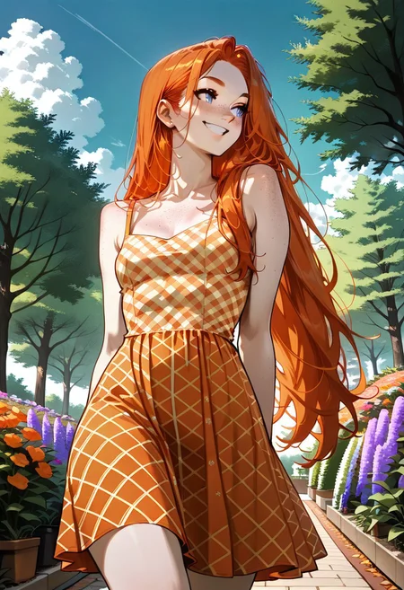 masterpiece, best quality, 32k, high resolution, absurdres, Ginger, GingerRH, Very long ginger hair, straight hair, parted bangs, freckles, chest freckles, blue eyes, pale skin, small breasts, pinup pose, posing, garden, orange sundress, squared pattern sundress, sunny, outdoors, trees, blue sky, clouds, smiling, looking away, walking, aesthetic, dutch angle