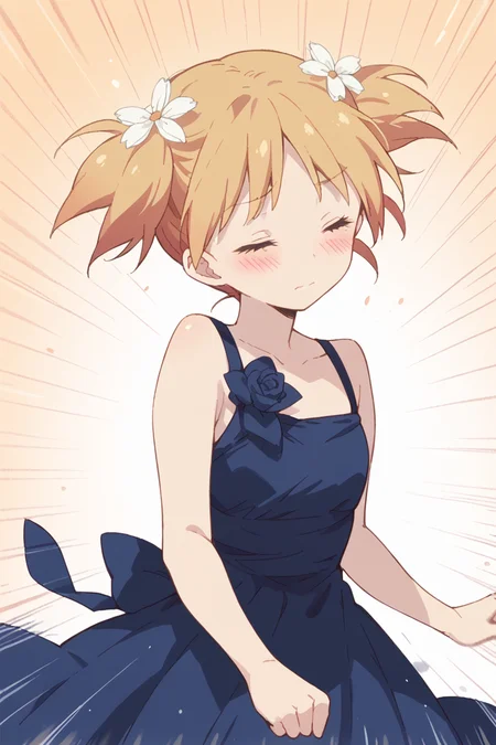 score_9, score_8_up, score_7_up, score_6_up,
<lora:Yuu_Sonoda:1> yuu, 1girl, solo, twintails, closed eyes, dress, flower, hair flower, hair ornament, blush, parody, blonde hair, emphasis lines, short twintails, short hair, blue dress