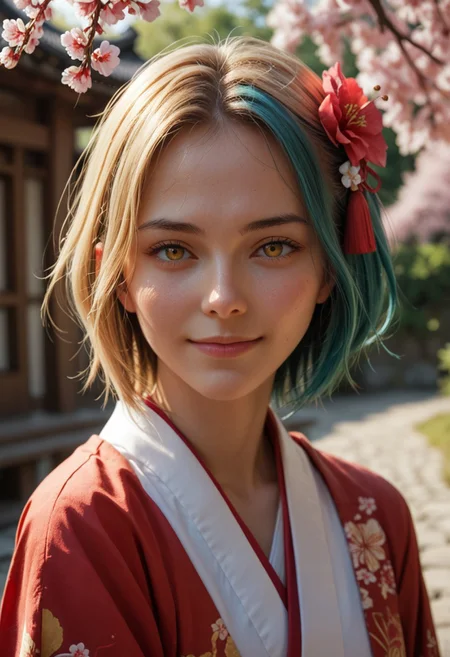 score_9_up, score_8_up, score_7_up, score_6_up, 1girl, 25 years old, perfect face, (adult:1.2), sexy,
detailed face, portrait, face focus, depth of field, looking at viewer, blush, shy smile,
yellow eyes,
multicolored hair, teal hair, blonde hair, hair ornament, hair flower, hair between eyes, short hair,
miko, japanese clothes,
cherry blossoms,
day,