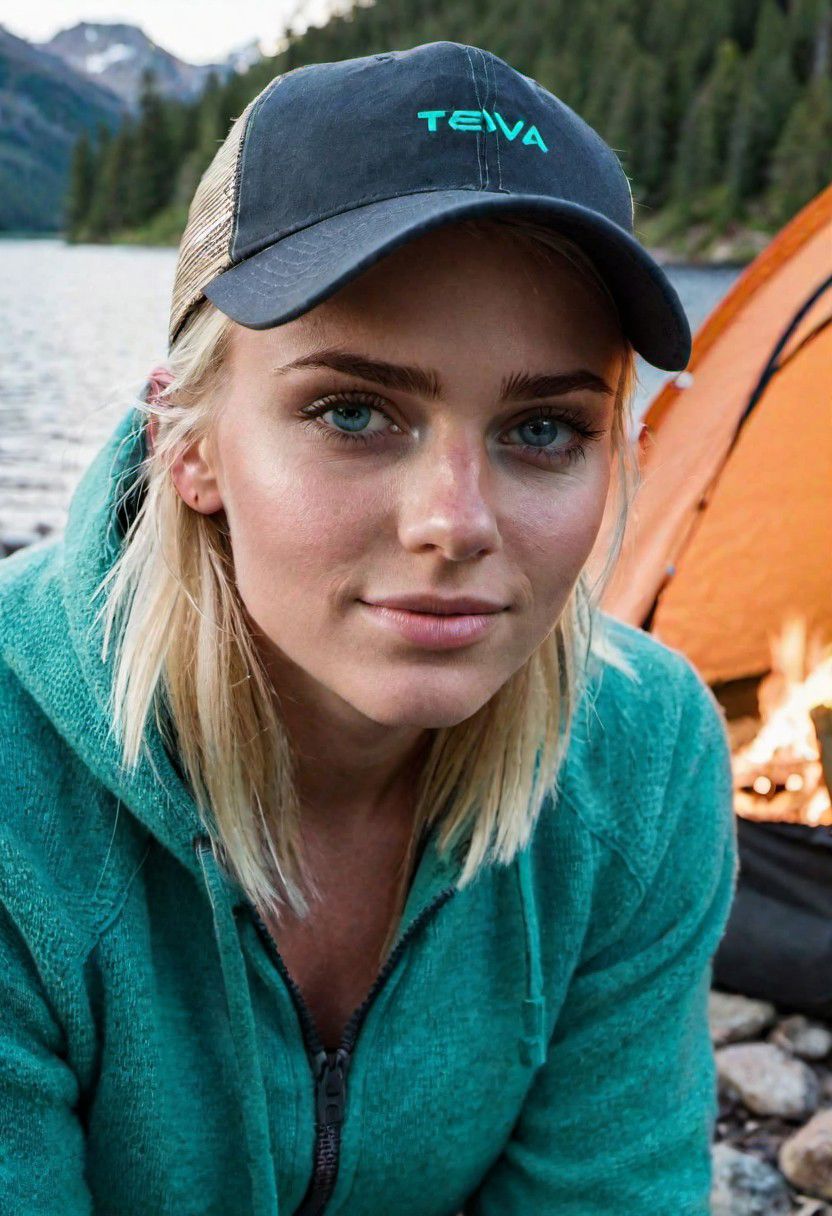 Teva sandals, photo of stunningly beautiful 22yo slim blonde Swedish Sofia Malin Lund squatting by a campfire near a lake high in the mountains, seen from the side, b-cup breasts, unwashed hair, sexyai, trucker hat, KarismaClaus, tanned, perfect eyes, bare legs, realistic pale blue eyes, smirking, tent in the background, detailed skin, remarkable color, cute upturned nose, ultra realistic, textured skin, perfecteyes,  remarkable detailed pupils, 1girl, visible skin detail, charturnerv2