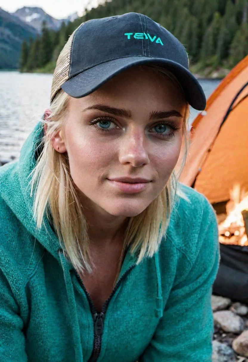 Teva sandals, photo of stunningly beautiful 22yo slim blonde Swedish Sofia Malin Lund squatting by a campfire near a lake high in the mountains, seen from the side, b-cup breasts, unwashed hair, sexyai, trucker hat, KarismaClaus, tanned, perfect eyes, bare legs, realistic pale blue eyes, smirking, tent in the background, detailed skin, remarkable color, cute upturned nose, ultra realistic, textured skin, perfecteyes,  remarkable detailed pupils, 1girl, visible skin detail, charturnerv2