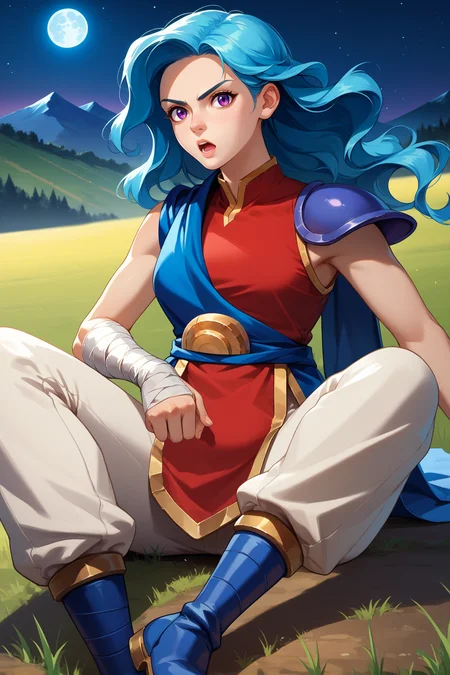 score_9, score_8_up, score_7_up, score_6_up, source_anime, 1girl, solo, <lora:valere-pdxl-nvwls-v1-000005:1> valere, aqua hair, wavy hair, long hair, purple eyes, blue cape, blue sash, single shoulder pad, red shirt, sleeveless, bandaged arm, white pants, sitting, blue boots, fighting stance, open mouth, looking at you, night, field, moon, mountains