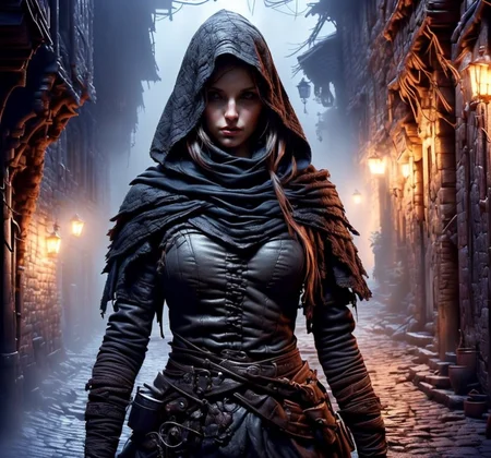 RAW photo, (masterpiece:1.3), subsurface scattering, heavy shadow, (high quality:1.4), (intricate, high detail:1.2), professional photography, HDR, High Dynamic Range, realistic, ultra realistic, photorealistic, high resolution, film photography, ambient lighting, atmospheric effects, <lora:detail_slider_v4:2>, OverallDetail, DarkFantasy, a woman, Reddish-brown hair, Straightened hair, as a rogue, dark clothes, dark armor, FaRo, <lora:FantasyRogues:1>, , in a dark! and creepy alley in a poor quarter of a medieval town, derelict houses, night, fog, no street lamps, <lora:DarkAlley:1>,  epiCPhoto