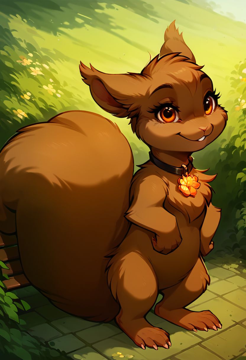 (((score_9, score_8_up, score_8, nibbly, female squirrel, orange eyes, feral, brown fur, nibbly collar, rodent incisor, squirrel ears, squirrel tail, feral))), claws, (((young cub, feral))), (((crotch view, crotch tuft, chest tuft, hands on hips))),, (masterpiece, best quality, hires, high resolution:1.2), rating_explicit, detailed background, (((bench, garden))), (((feral))), (((lewd smile, suggestive))), bedroom eyes, (((young cub, feral, crotch tuft, rodent incisor))),