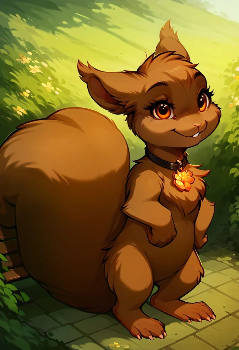 (((score_9, score_8_up, score_8, nibbly, female squirrel, orange eyes, feral, brown fur, nibbly collar, rodent incisor, squirrel ears, squirrel tail, feral))), claws, (((young cub, feral))), (((crotch view, crotch tuft, chest tuft, hands on hips))),, (masterpiece, best quality, hires, high resolution:1.2), rating_explicit, detailed background, (((bench, garden))), (((feral))), (((lewd smile, suggestive))), bedroom eyes, (((young cub, feral, crotch tuft, rodent incisor))),