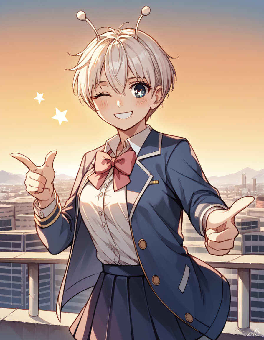 score_9, score_8_up, score_7_up, source_anime, <lora:vamola-manga-ponyxl-lora-nochekaiser:1>, vamola, short hair, bangs, hair between eyes, symbol-shaped pupils, antennae, star-shaped pupils, medium breasts,, skirt, shirt, bow, school uniform, jacket, pleated skirt, collared shirt, bowtie,, rooftop, sunset, cityscape, quiet moment, wind blowing, contemplative, smile, <lora:double-finger-gun-ponyxl-lora-nochekaiser:1>, double finger gun,, blush, smile, one eye closed, from side, looking at viewer, solo,, dutch angle, cowboy shot