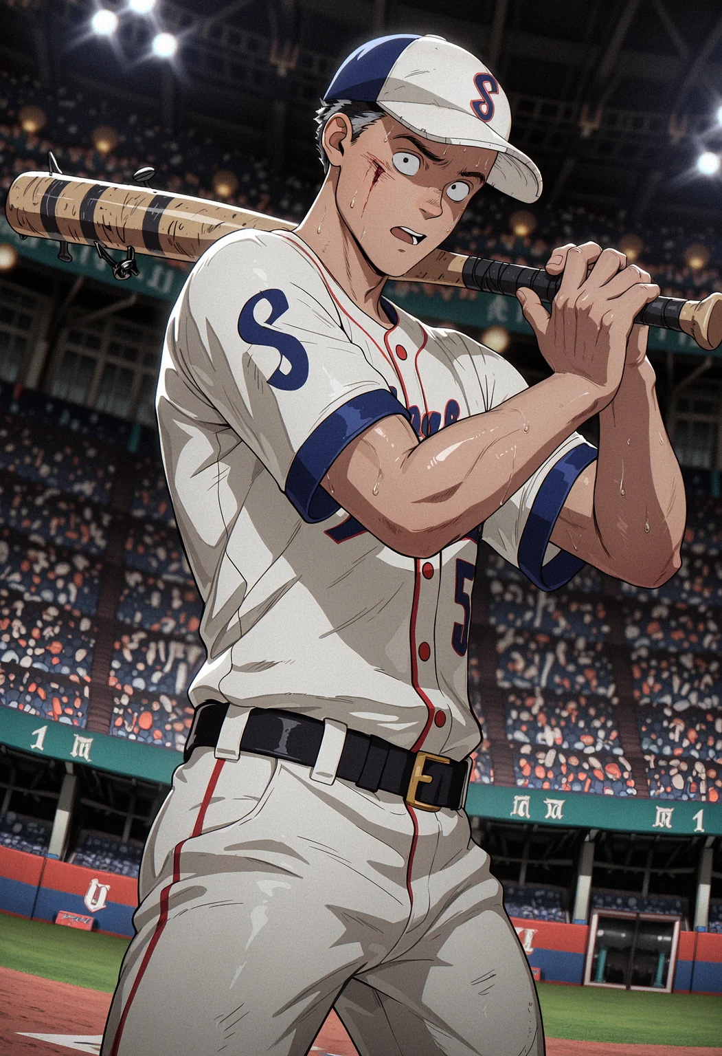 masterpiece, best quality, newest, absurdres, highres, very awa, 1boy, male focus, 3d, shiny skin, fujita \(dorohedoro\), solo, solo, hat, baseball uniform, baseball cap, pants, belt, open mouth, sportswear, outside, baseball stadium, holding baseball bat, white pants, shirt, baseball bat, sweat, injury, white shirt, looking at viewer, dark, short sleeves, blurry background