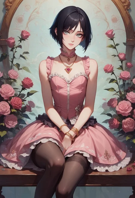 score_9, score_8_up, score_7_up, 1boy, femboy, otoko no ko, short hair, bob cut hair, black hair, grey eyes, gray eyes, feminine face, toned body, Shelly, pantyhose, ruffles, pink rose, thighhighs, flowers, rose corsage, sleeveless, necklace, jewelry, bracelet, pink dress, rose, ring, pink frilly dress, flower, lace trim, frilled dress, highly detailed, intricate, zzCitronCAT, flirty expression, sitting, leaning back, legs together, hands in lap, looking at viewer, cowboy shot, modelshoot, abstract background, solo