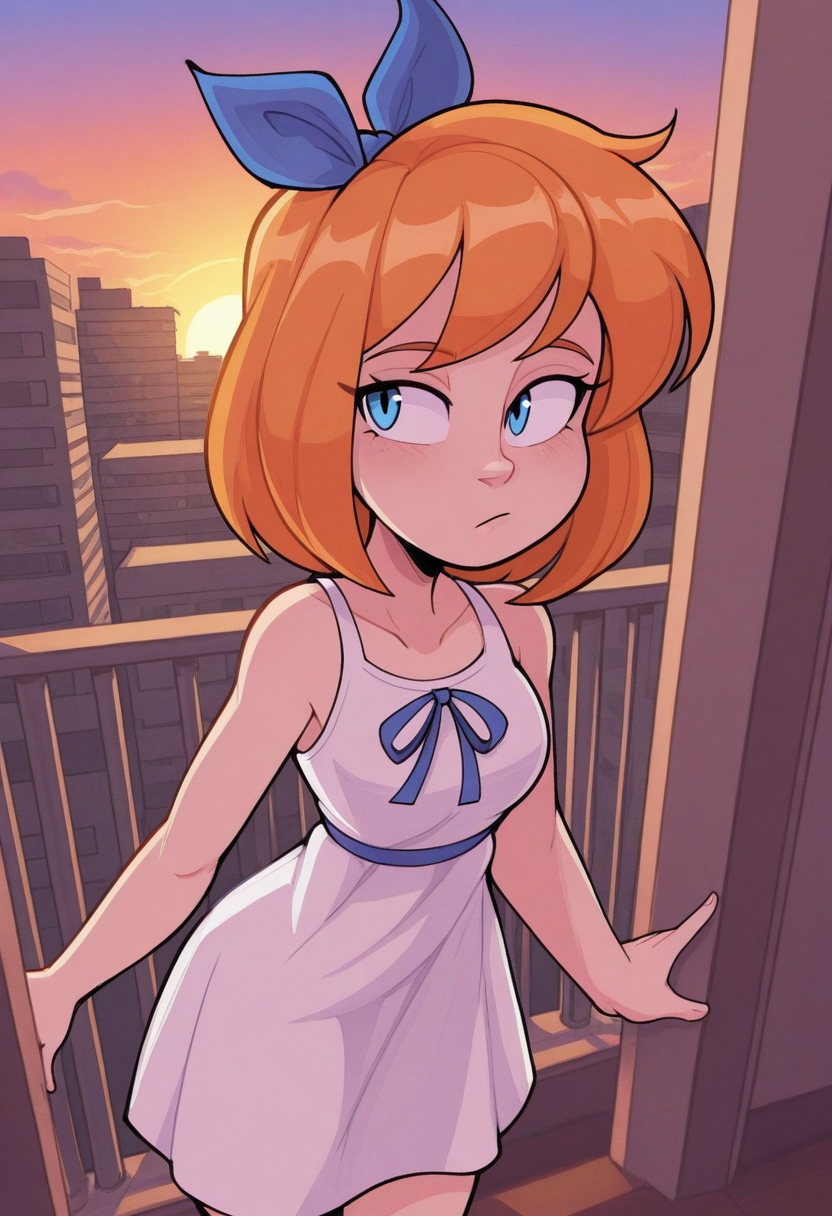 p4n1c3dstyle,   masterpiece, best quality, solo,  girl, ginger hair, white dress, blue eyes, apartment balcony, warm colors, sunset, blue ribbon