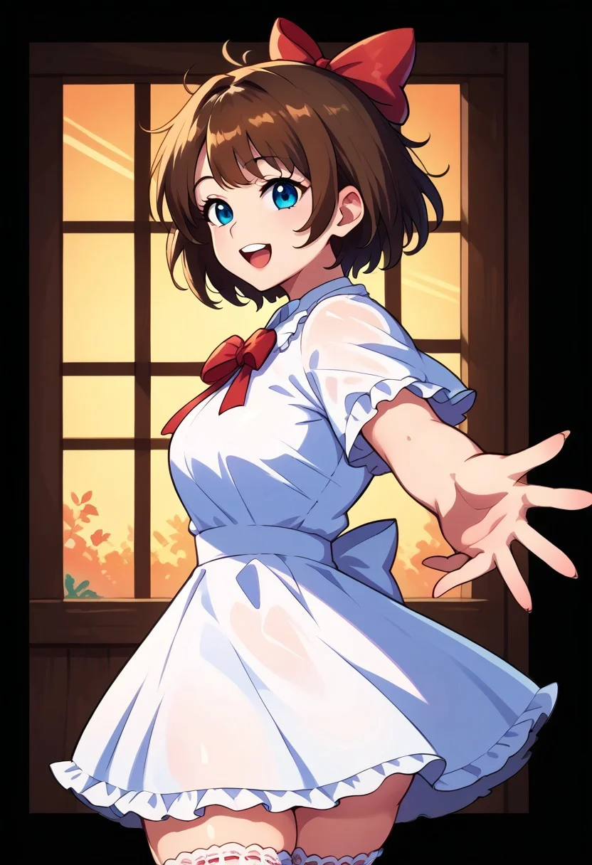 score_9, score_8_up, score_7_up, source anime,
masterpiece, best quality, detailed, amazing quality,
detailed background, bedroom, window, sunset,
detailed eyes, clean eyes,
dynamic pose,
1woman, woman,
easynegative,
slutty_m3l0dy, pale skin, short hair, blue eyes, dark brown hair, messy hair, curvy, bow, frilly, cute, headbow, ribbon, cute dress, stockings, lace, from the side,
happy,
fake_image_border, border, black border,
beckoning, reaching towards viewer