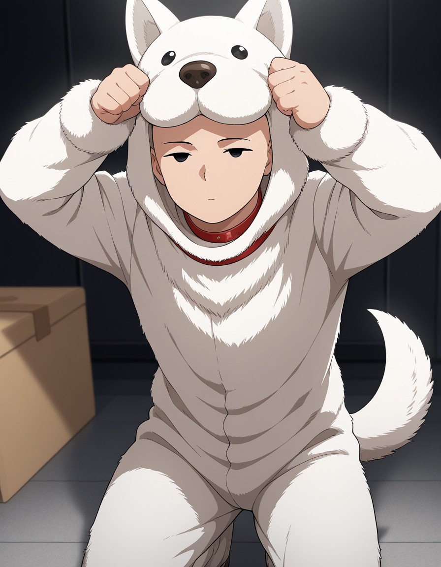 masterpiece, best quality, amazing quality, WDM-OPM, man in dog suit, white dog suit, black eyes, red dog collar, white dog tail, animal costume, 1male, solo, bald, <lora:e2afe891-6427-439f-892a-c7b6c53b9bd6:0.7>