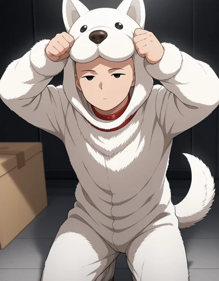 masterpiece, best quality, amazing quality, WDM-OPM, man in dog suit, white dog suit, black eyes, red dog collar, white dog tail, animal costume, 1male, solo, bald, <lora:e2afe891-6427-439f-892a-c7b6c53b9bd6:0.7>